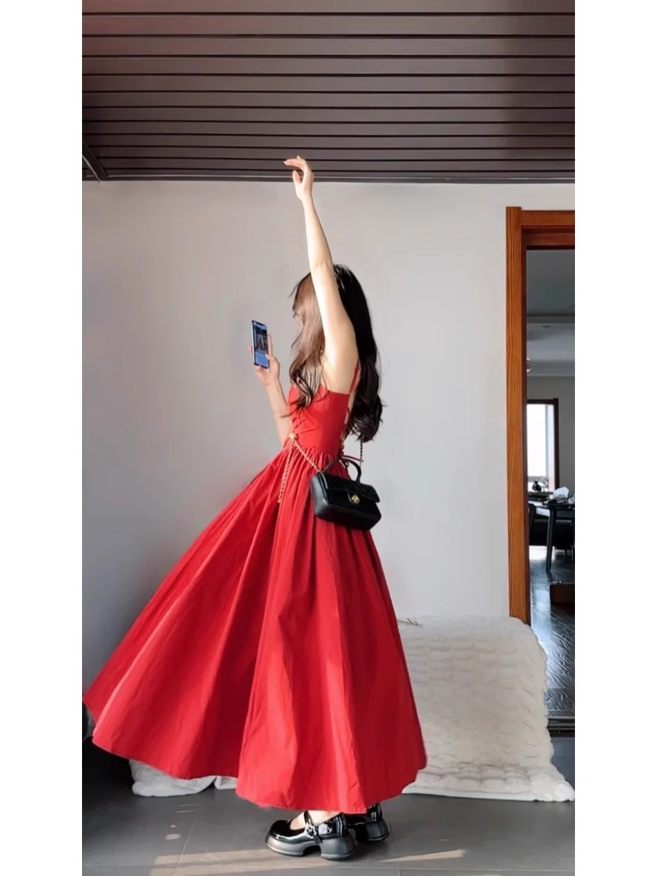 Chic A Line Spaghetti Straps Red Backless Ruffles Long Prom Dresses Birthday Outfits SD510