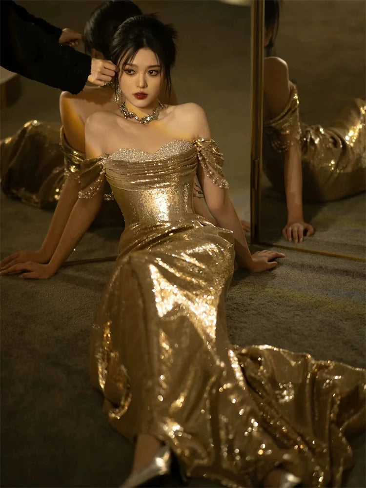 Mermaid Gold Long Prom Dress Sexy Off Shoulder Evening Dresses fg7664