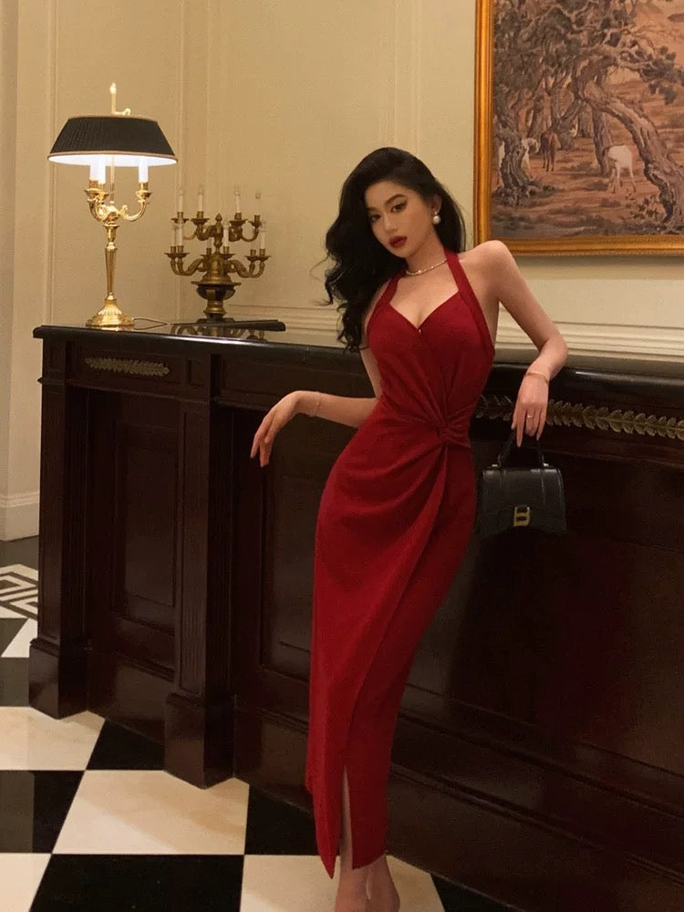 Vestidos de fiesta rojos sin mangas con cuello halter y escote en V sexys, vestidos de fiesta de verano para cumpleaños, vestidos de cumpleaños W810