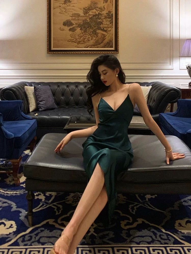 Vestido de fiesta de verano de satén verde oscuro sin mangas con tirantes finos, vestido de fiesta para 20 cumpleaños, W815
