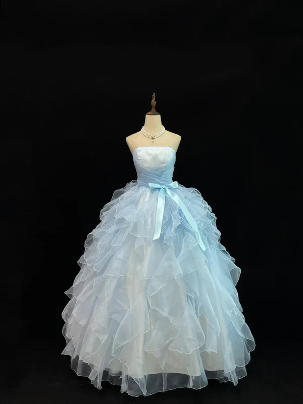 Vestido de noche vintage azul claro sin tirantes de tul para quinceañera, corte A, TP4270