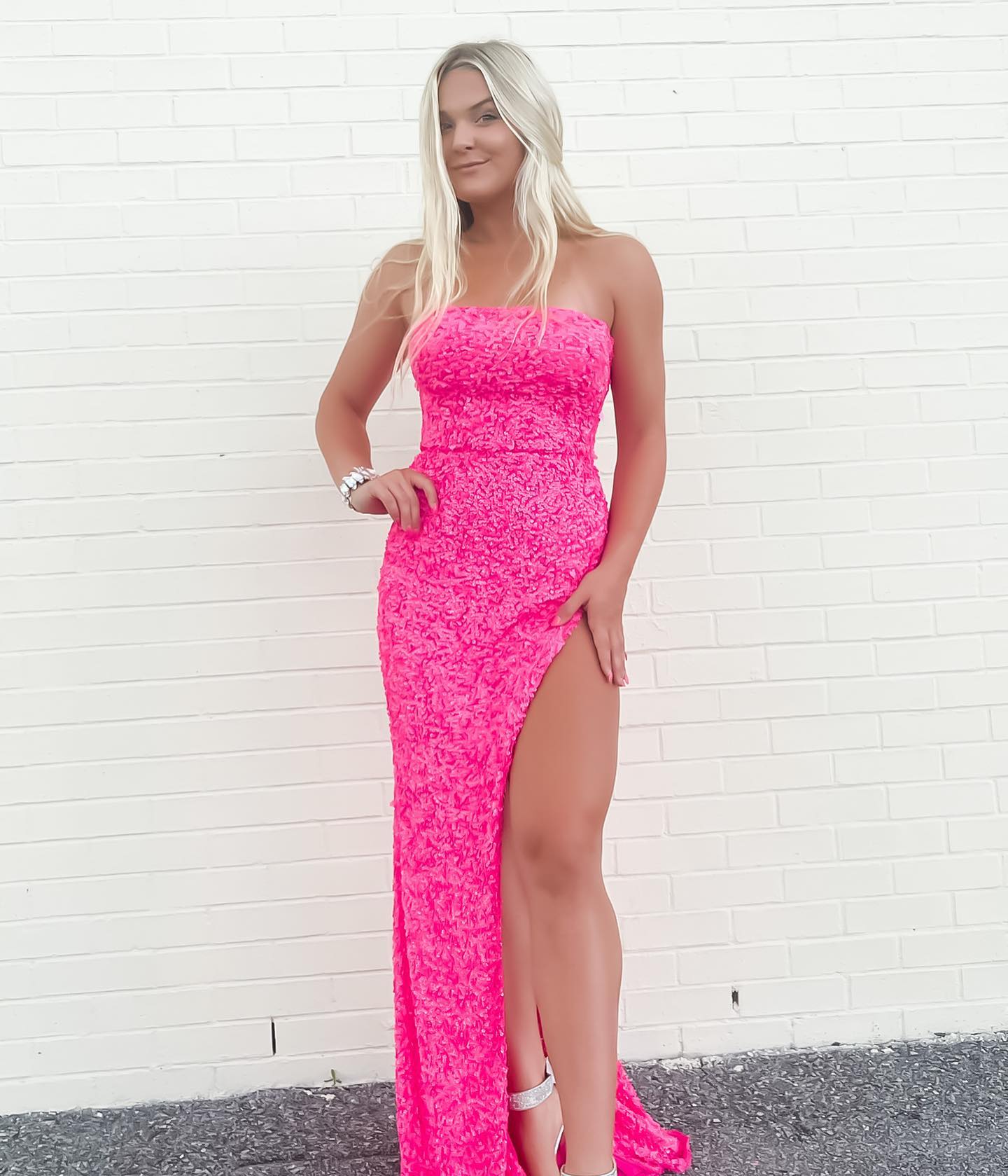 Hot Pink Sequins Sheath Long Prom Dress, Sparkly Strapless Evening Gown GP327