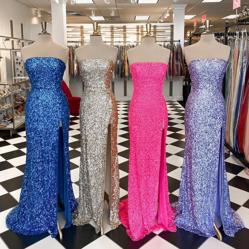 Hot Pink Sequins Sheath Long Prom Dress, Sparkly Strapless Evening Gown GP327