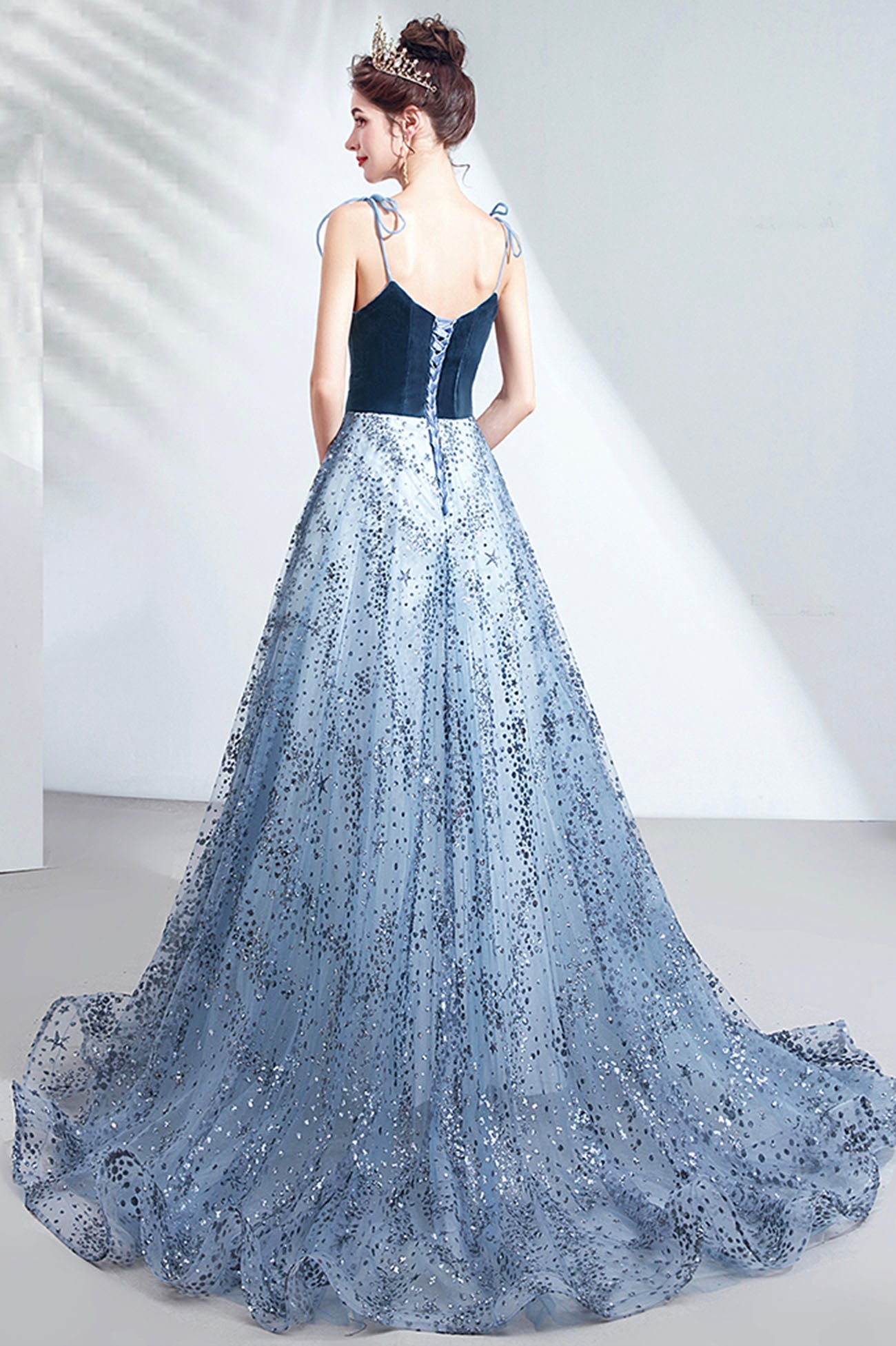 Elegant Spaghetti Strap Long Prom Dress, Velvet and Tulle Formal Dress with Sequins