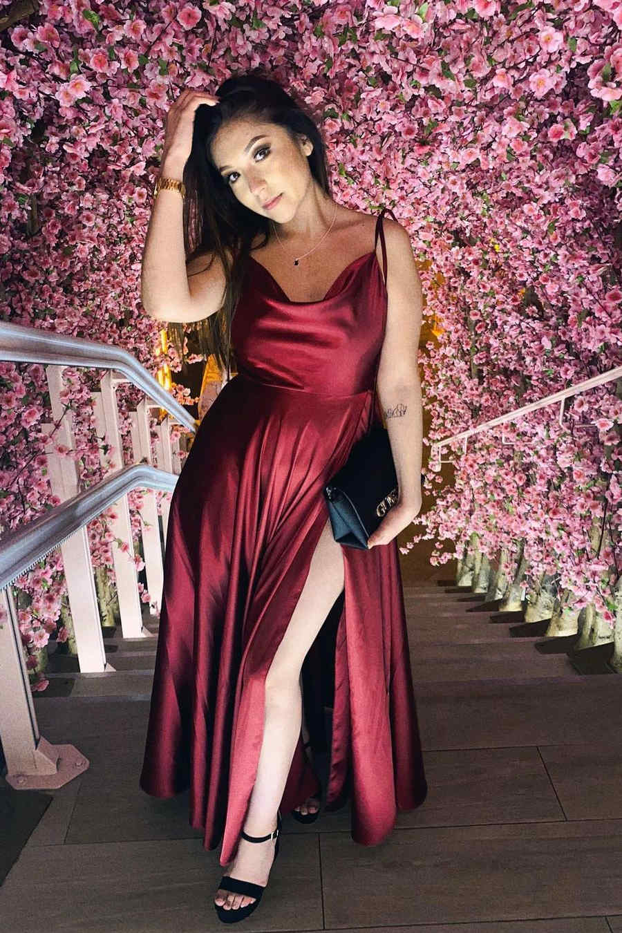 Vestido de fiesta largo burdeos con tirantes y abertura, vestidos de noche para bodas