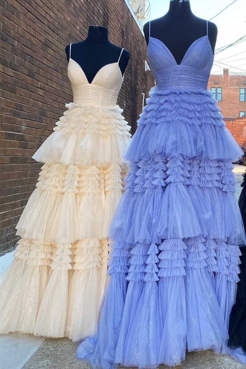 Glitter Black Tulle Tiered Prom Dresses, Long Graduation Gown With Slit GP361