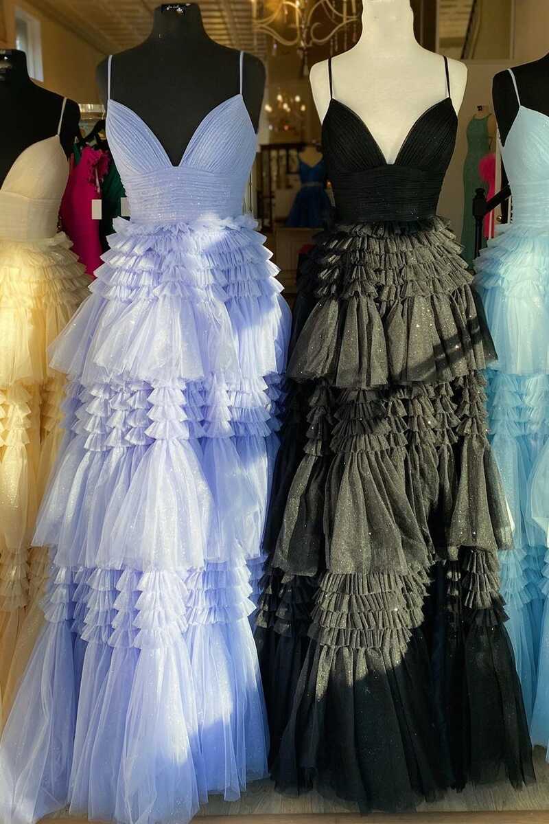 Glitter Black Tulle Tiered Prom Dresses, Long Graduation Gown With Slit GP361