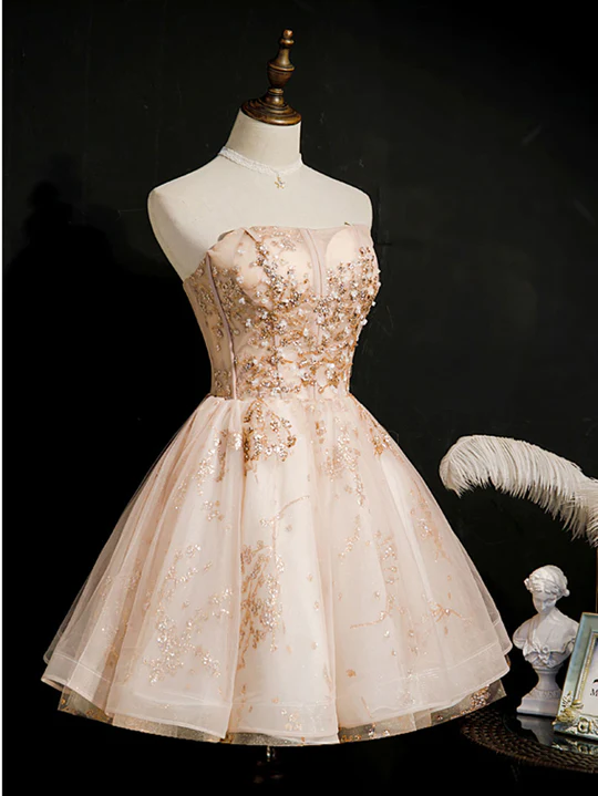 Vestido de fiesta vintage de tul con apliques de champán, sin tirantes y diseño de cuentas, corte A, TP4072