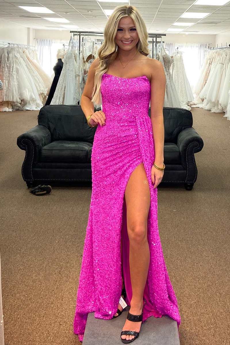Vestido de fiesta largo de sirena sin tirantes con lentejuelas rosas de Barbie y abertura, vestidos formales con lentejuelas