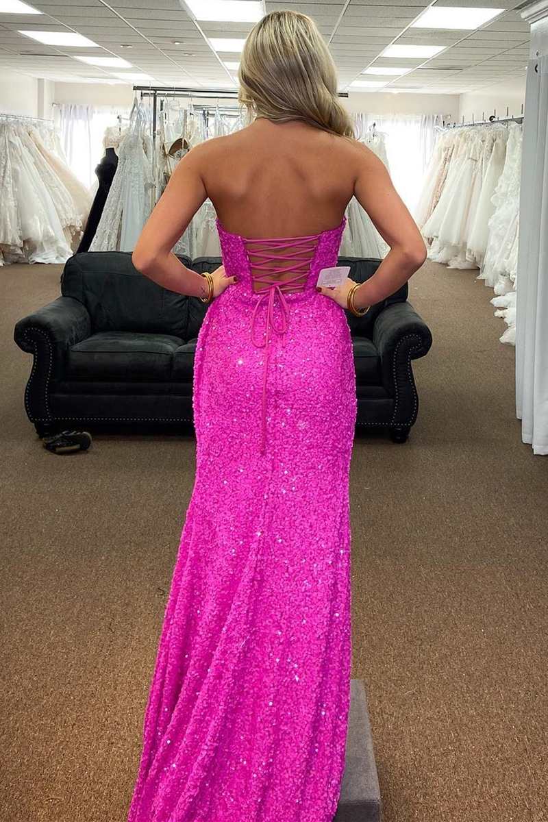 Vestido de fiesta largo de sirena sin tirantes con lentejuelas rosas de Barbie y abertura, vestidos formales con lentejuelas
