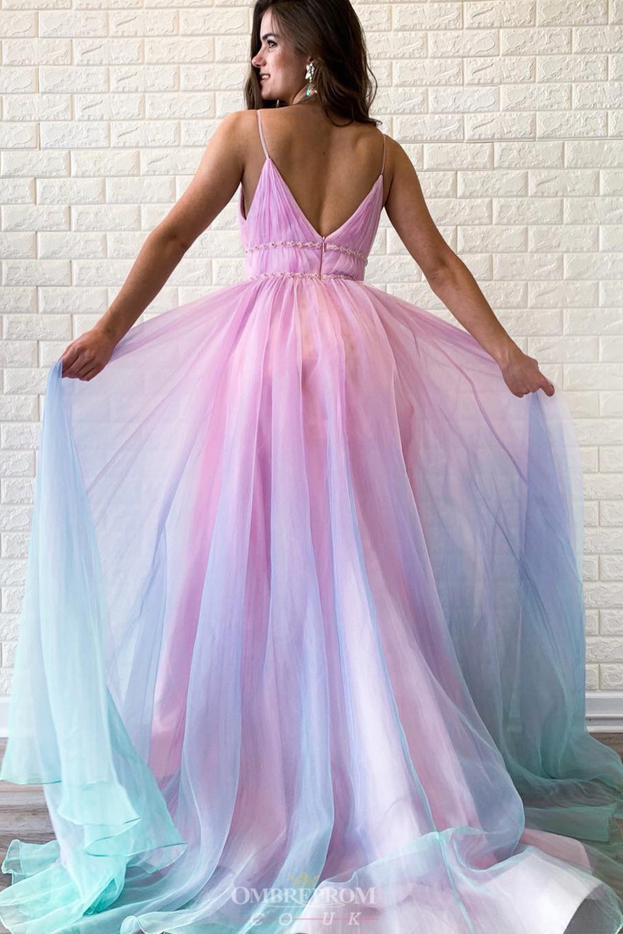 A-line Ombre Long Prom Dress V-neck Beaded Graduation Gown GP45