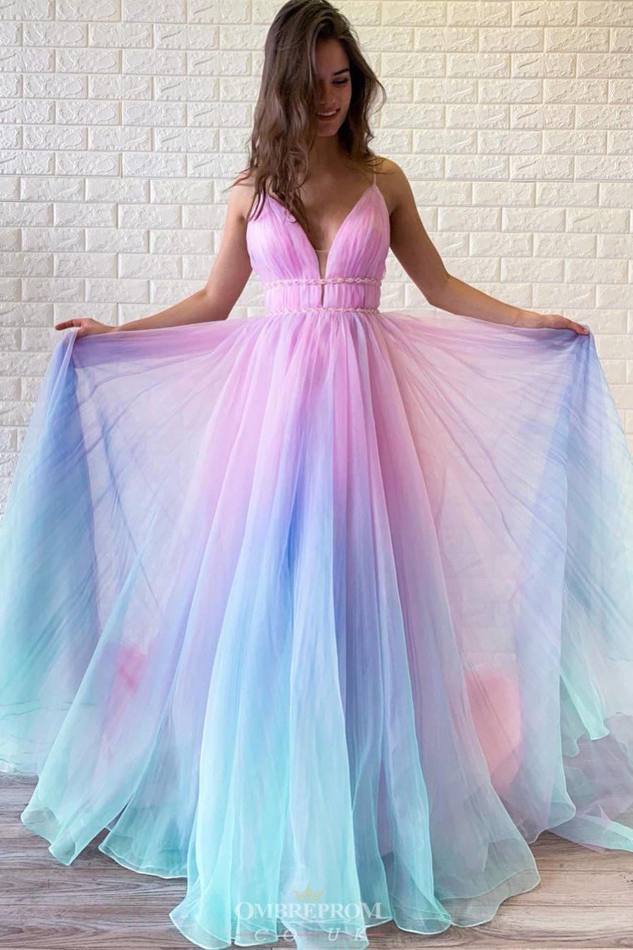 A-line Ombre Long Prom Dress V-neck Beaded Graduation Gown GP45