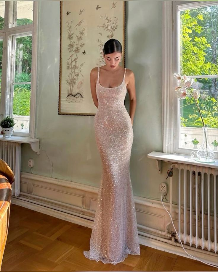 Elegant Mermaid Sequin Pink Prom Dress Long Brithday Evening Dress SH1215