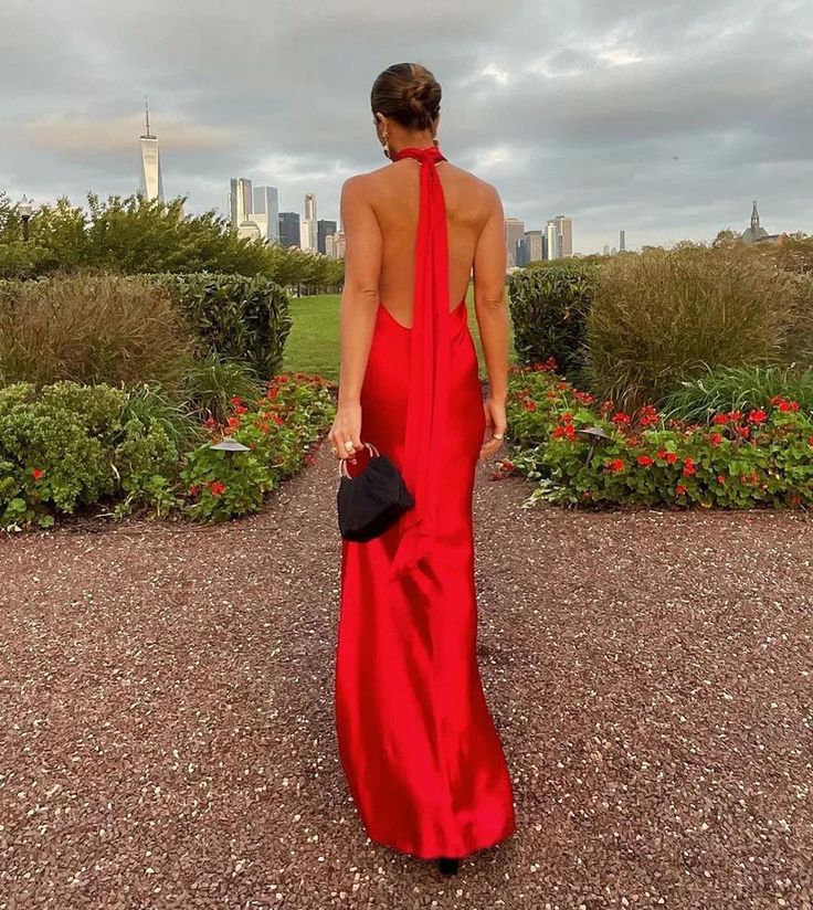 Charming Red Halter Backless Long Prom Dress with Slit cg25081