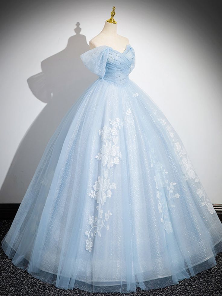 A-Line Tulle Lace Blue Long Prom Dress, Off Shoulder Blue Long Sweet 16 Dress cg25056