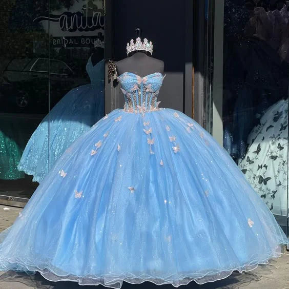 Vestido de quinceañera azul con apliques de corazón, corte A, para fiesta de graduación, cumpleaños, noche, baile, TP4524