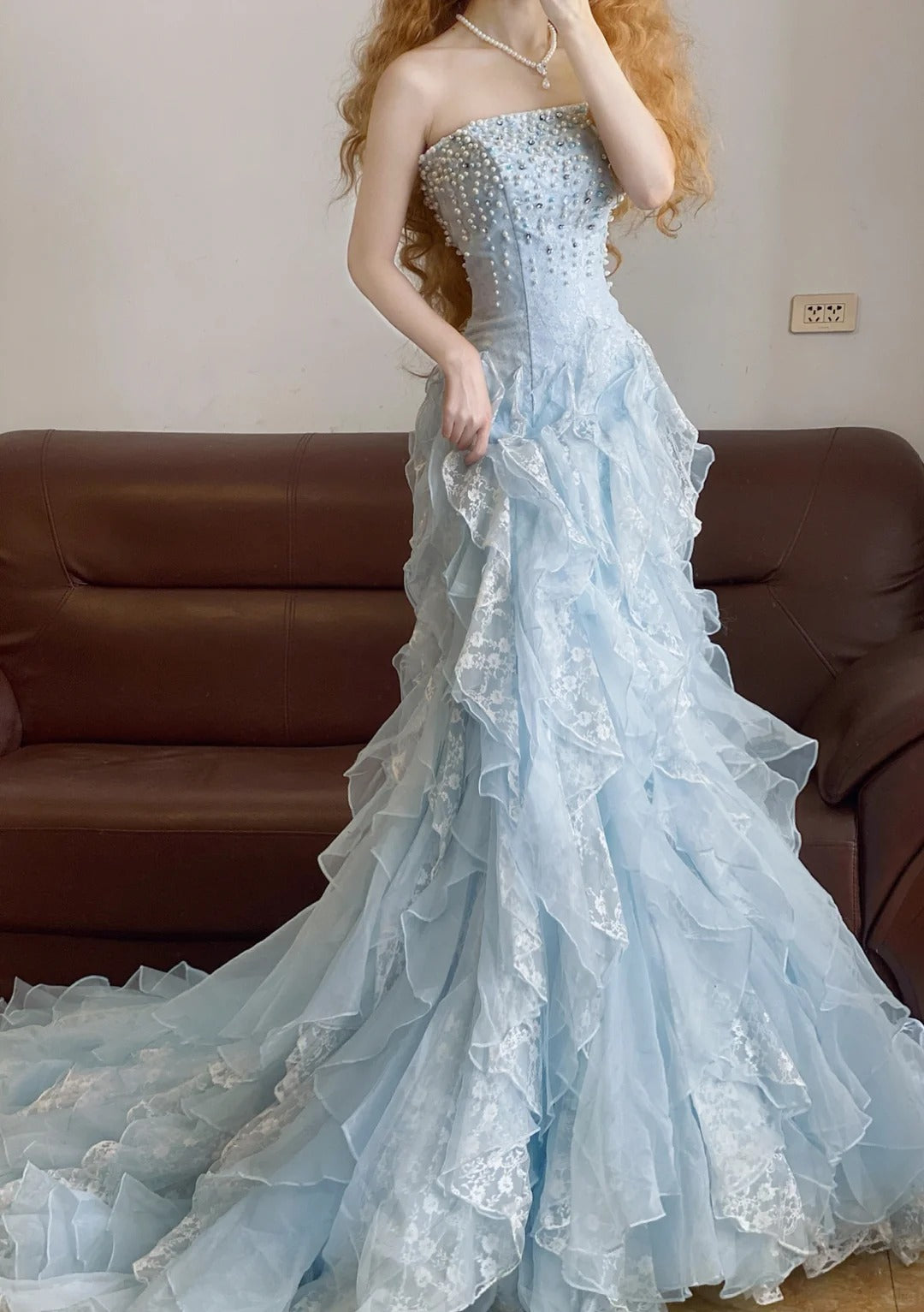 Blue Mermaid Vintage Tulle Long Evening Dresses,Sleeveless Party Gowns cg25484