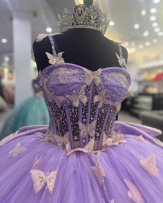 Purple Tulle Ball Gown With Butterflies,Sweet 16 Dress,Purple Princess Dress cg25047