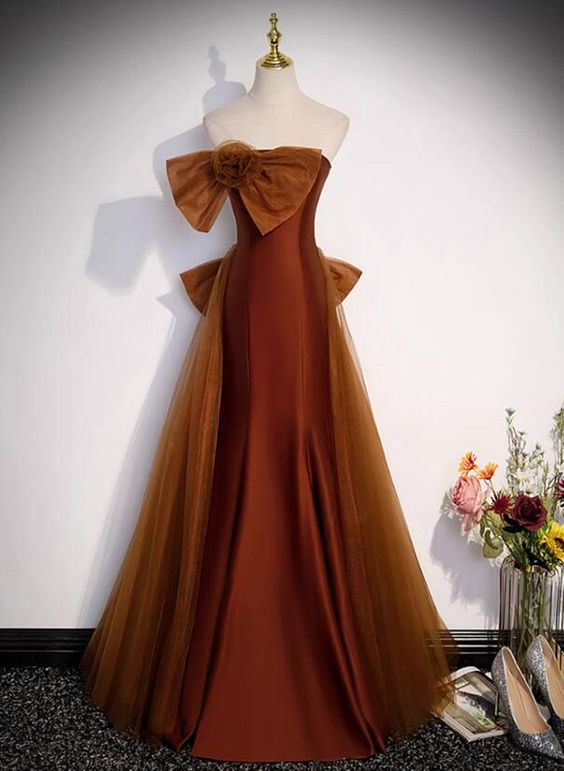 Brown Tulle and Satin Mermaid Long Party Dress, New Style Long Formal Dress Prom Dress cg25058