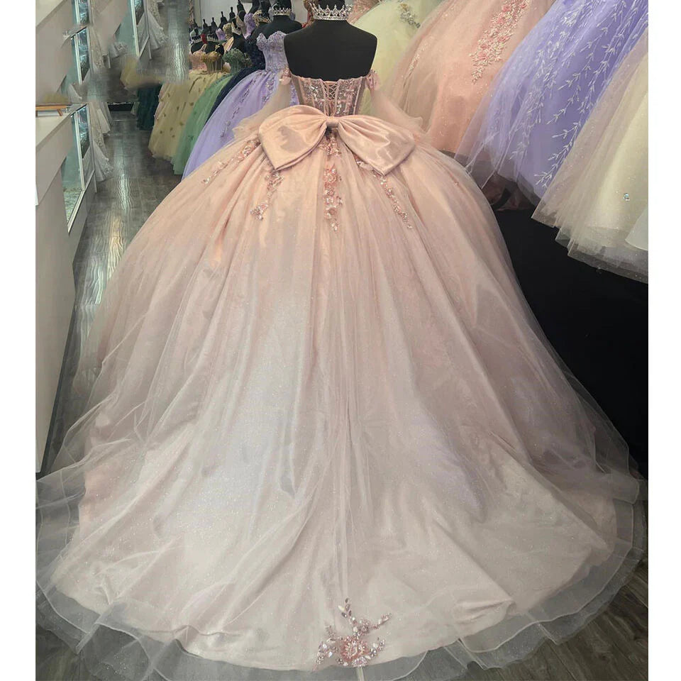 Vestido de quinceañera rosa con escote en forma de corazón, hombros descubiertos, corte A, para fiesta de cumpleaños, noche, baile, TP4522