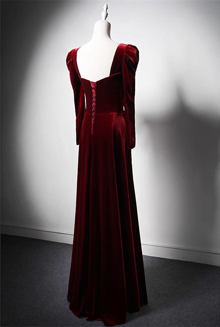 Elegant Wine Red Velvet Long Sleeves Formal Dress, Formal Wedding Party Dress cg25023