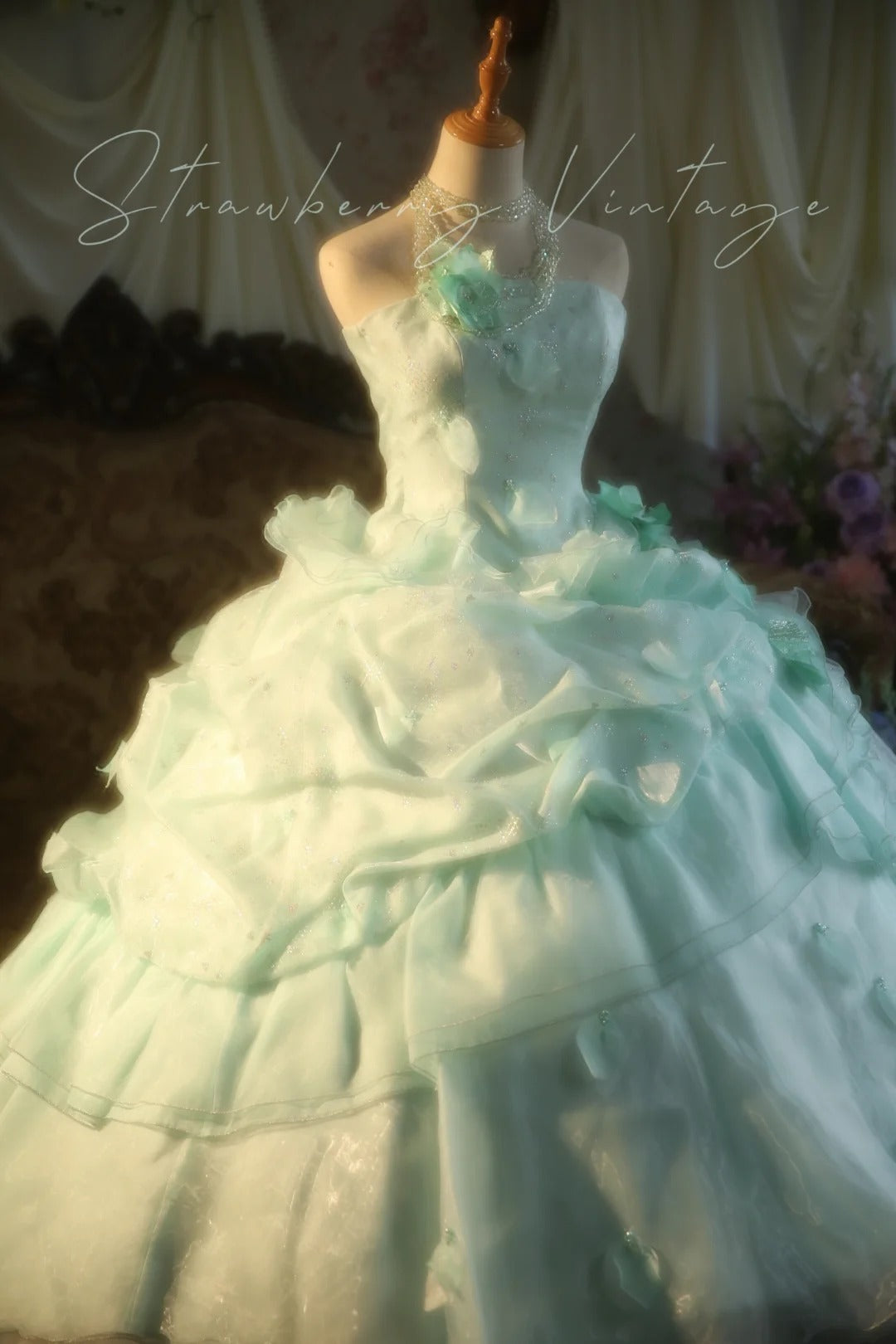 A Line Green Tulle Ball Gown Quinceanera Dress Evening Dress cg25478