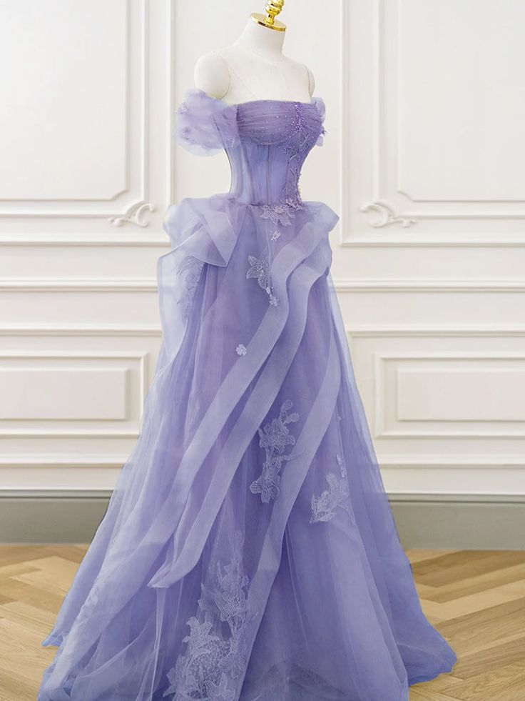 A-Line Off Shoulder Tulle Lace Purple Long Prom Dress, Purple Lace Long Formal Dress cg25024