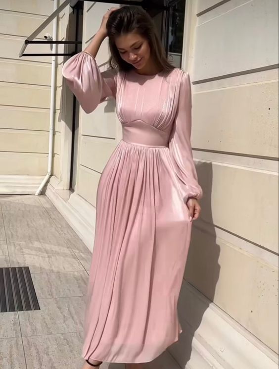 A Line Pink Dresses Long Sleeves Prom Dress fg5889
