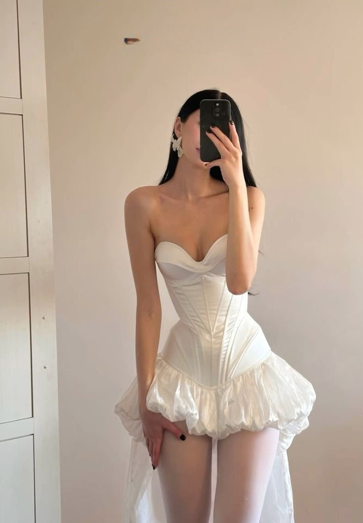 White Strapless Evening Prom Dresses High Low Homecoming Gowns cg25605