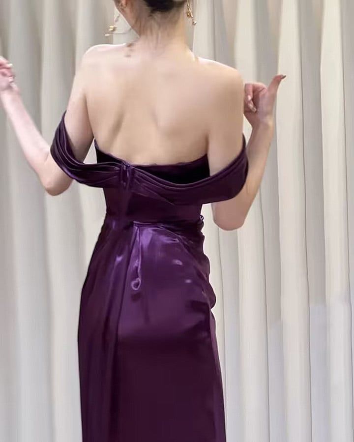 Satin Off Shoulder Long Evening Dress, Satin Prom Dress fg5209