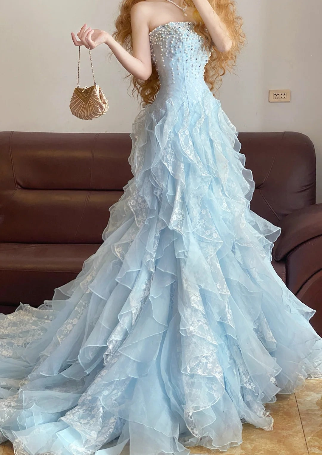 Blue Mermaid Vintage Tulle Long Evening Dresses,Sleeveless Party Gowns cg25484