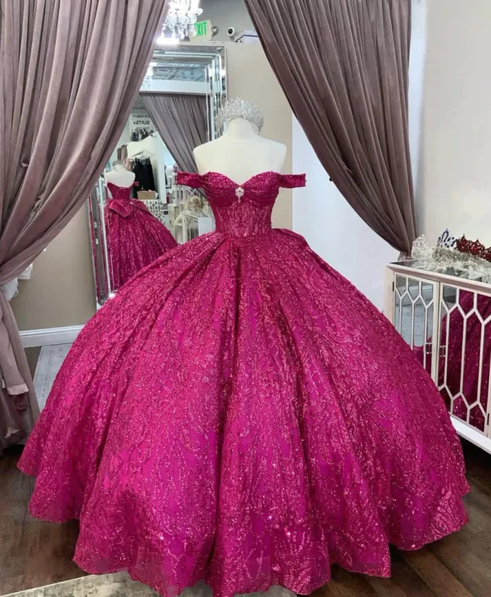 Elegante vestido de quinceañera rosa intenso con lentejuelas y hombros descubiertos, corte en A, de tul hasta el suelo, para fiesta de graduación, cumpleaños, noche, baile, TP4541