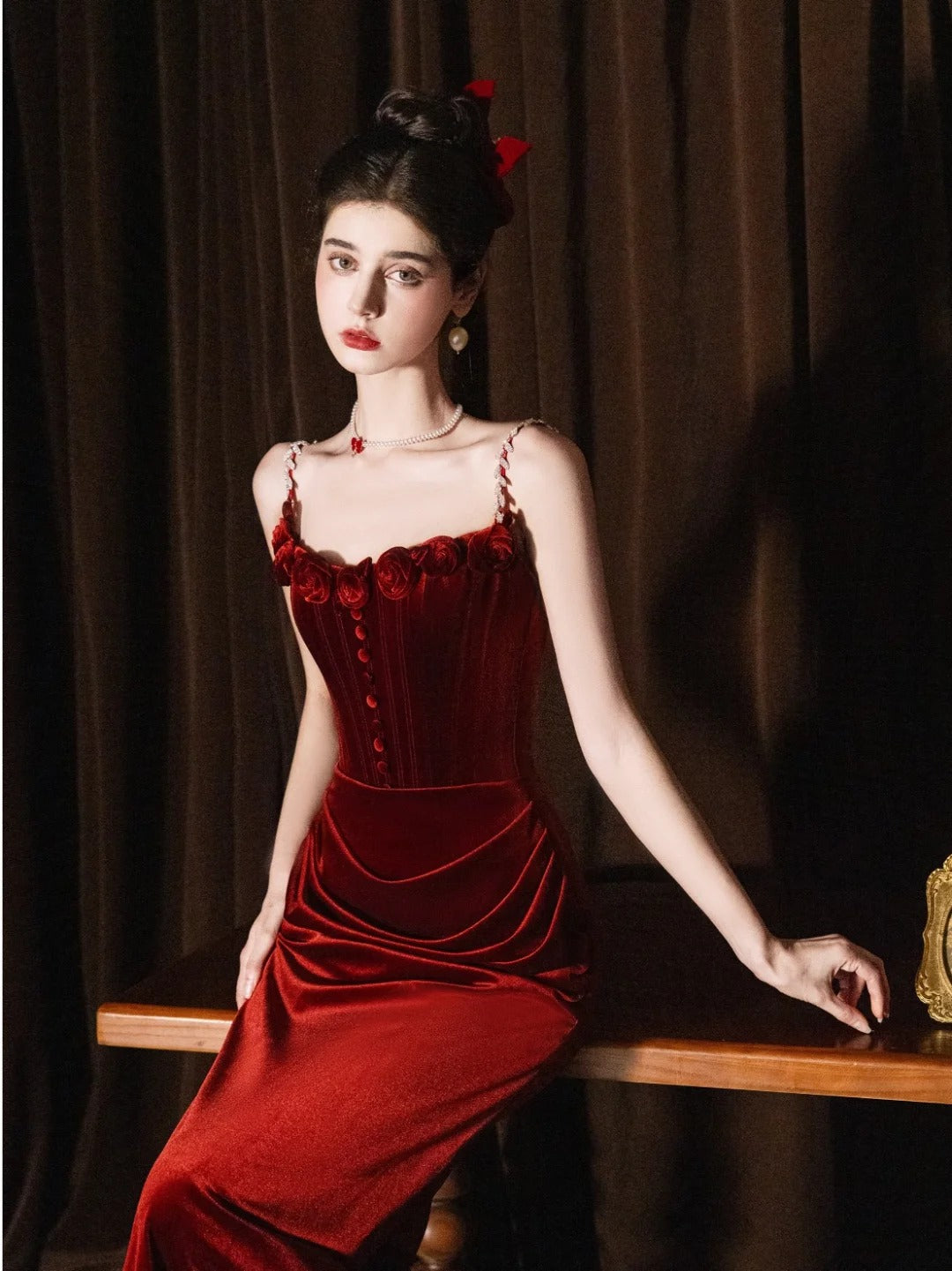 Burgundy Mermaid Velvet Vintage Evening Dresses,Sleeveless Party Gowns cg25489