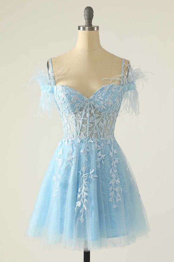 Modest Light Blue Appliques A-Line Short Homecoming Dresses fg5970