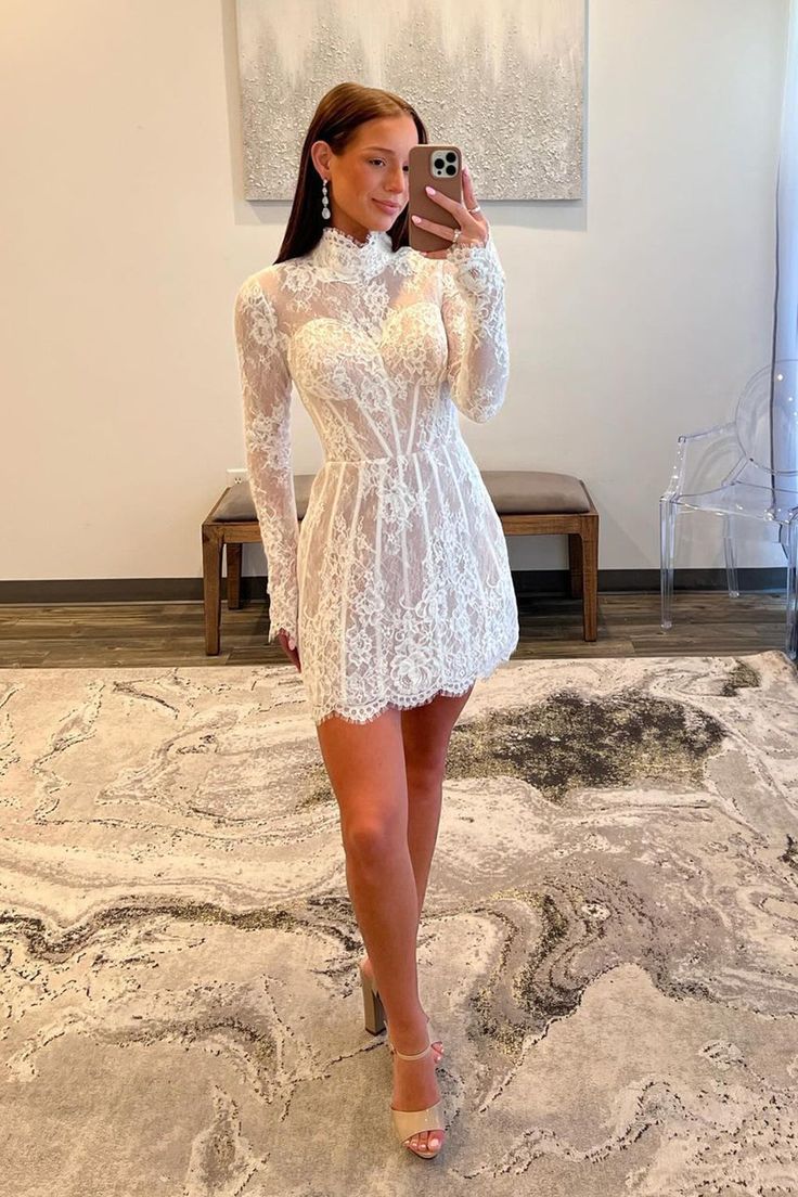A Line Lace Homecoming Dress With Long Sleeves fg6033