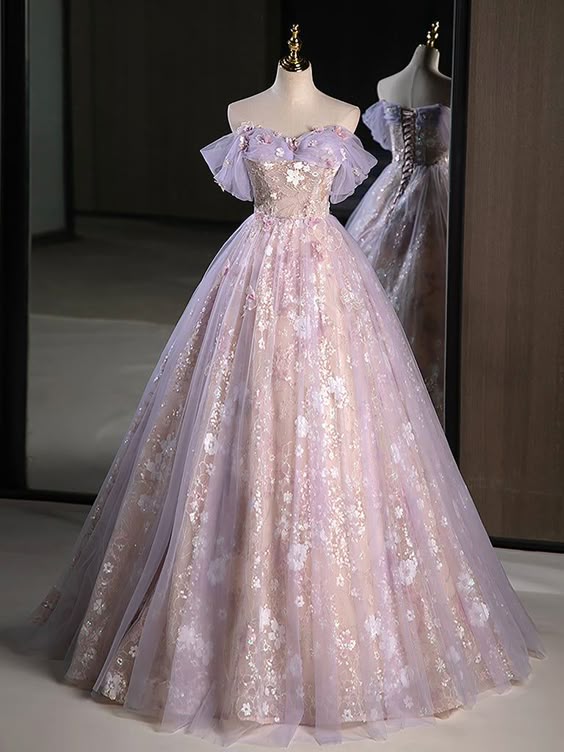 A-Line Off Shoulder Tulle Lace Purple Long Prom Dress, Purple Formal Dress fg6578