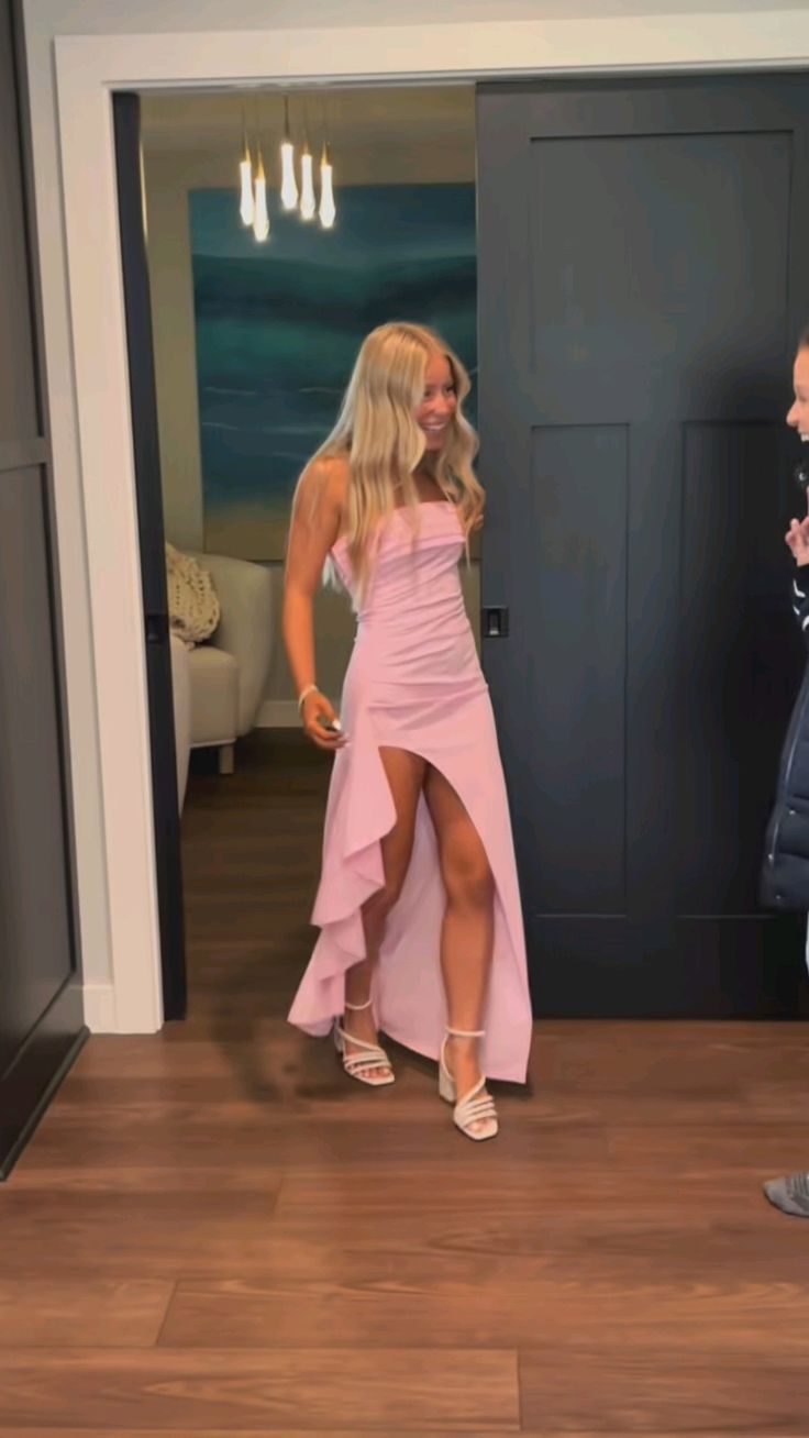 Vestidos de fiesta rosas con aberturas, vestidos formales de graduación largos