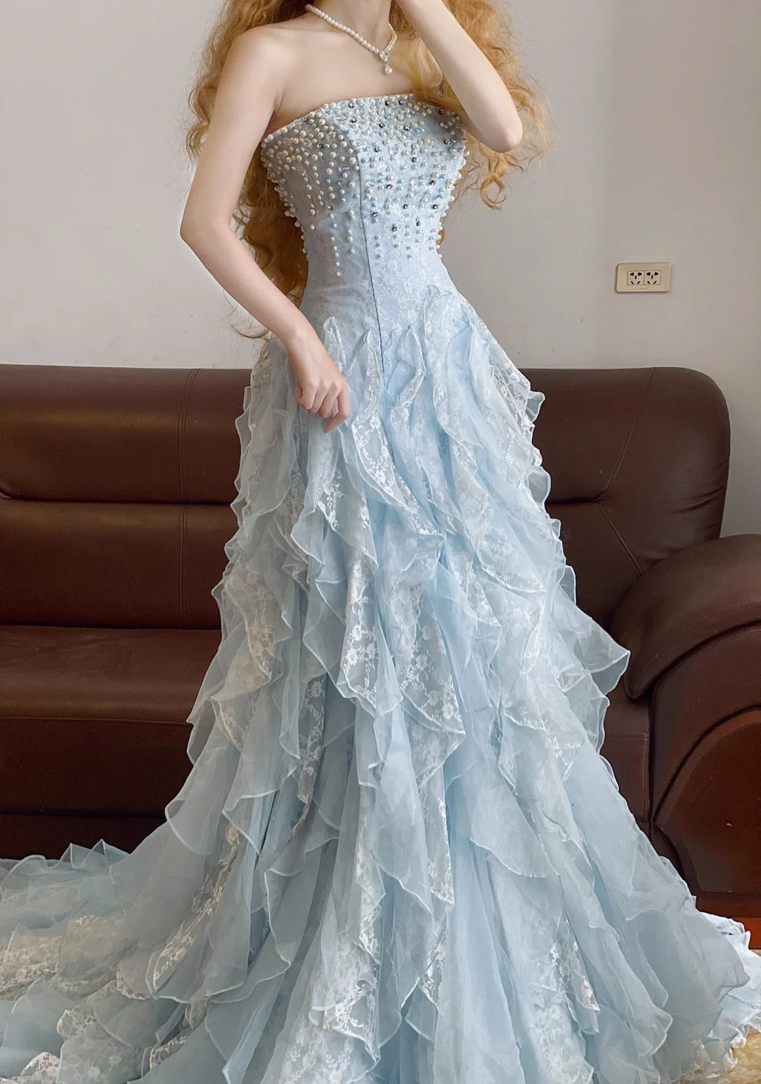 Blue Mermaid Vintage Tulle Long Evening Dresses,Sleeveless Party Gowns cg25484