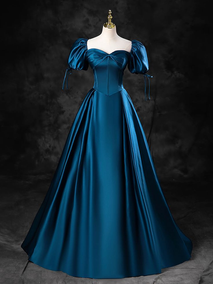 Blue Satin Off the Shoulder Floor Length Prom Dress, Blue A-Line Party Dress fg6764