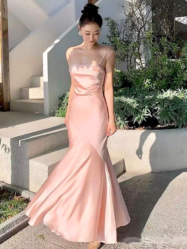 Elegant Light Pink Spaghetti Straps Mermaid Sleeveless Cheap Simple Evening Prom Dresses cg25088