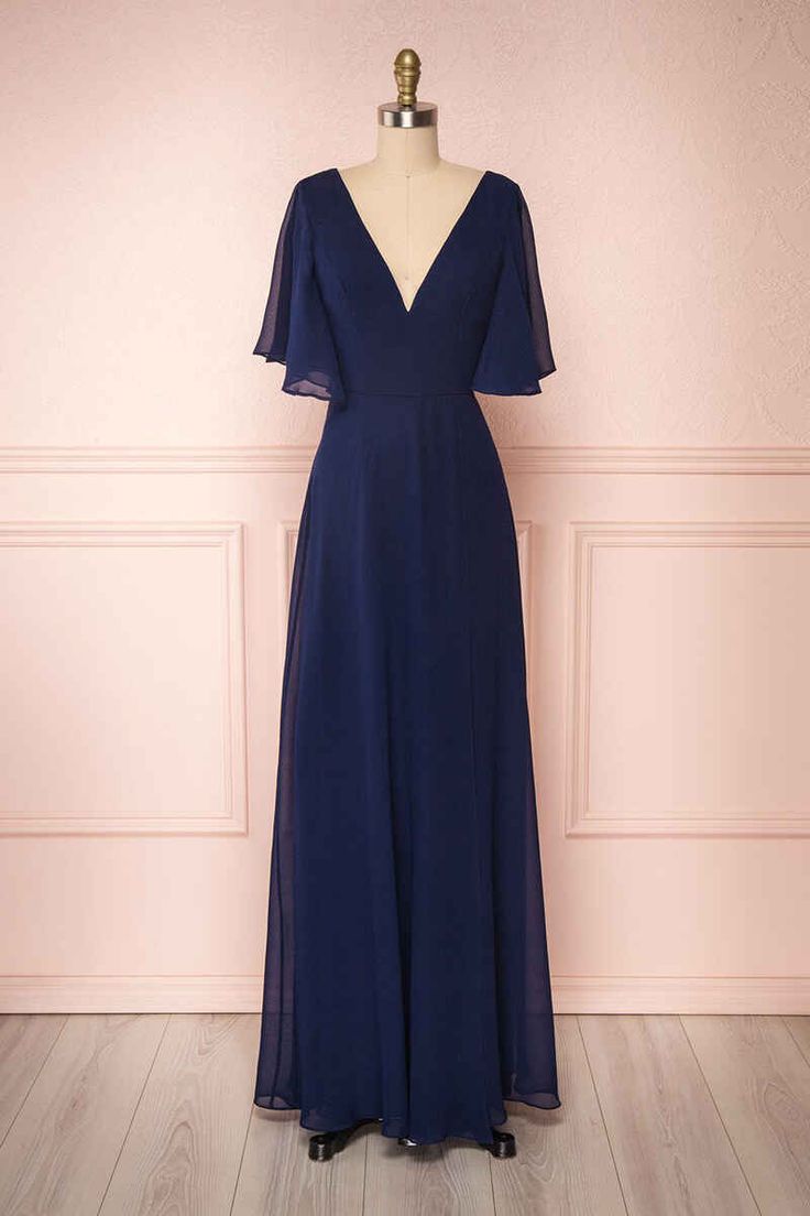 Navy Blue Chiffon V-Neck Ruffled Sleeve Long Bridesmaid Dress fg6390