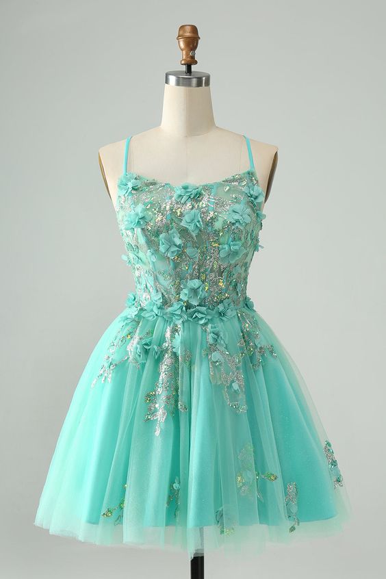 Sweet Green A Line Spaghetti Straps Corset Short Homecoming Dress with Appliques fg5497