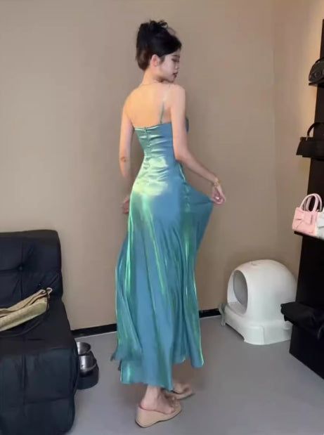 Spaghetti Straps Blue Sheath Long Prom Dresses Homecoming Dress fg6074