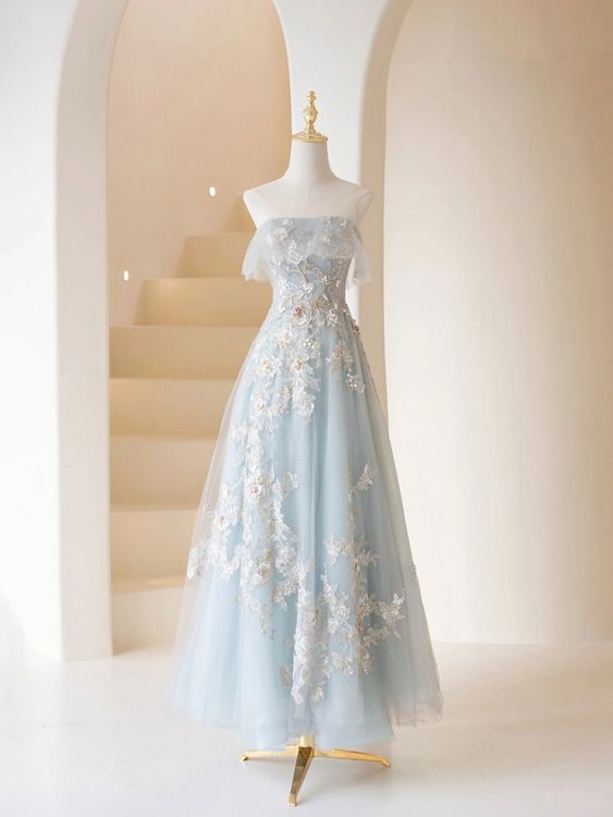 Light Blue Prom Dresses Fairy,Long Blue Tulle Floral Appliques Formal Dresses fg5691