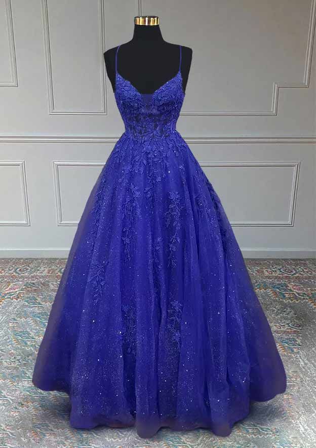 Royal Blue Prom Dresses, A-line V Neck Spaghetti Straps Long/Floor-Length Tulle Prom Dress With Appliqued Beading Glitter fg5413