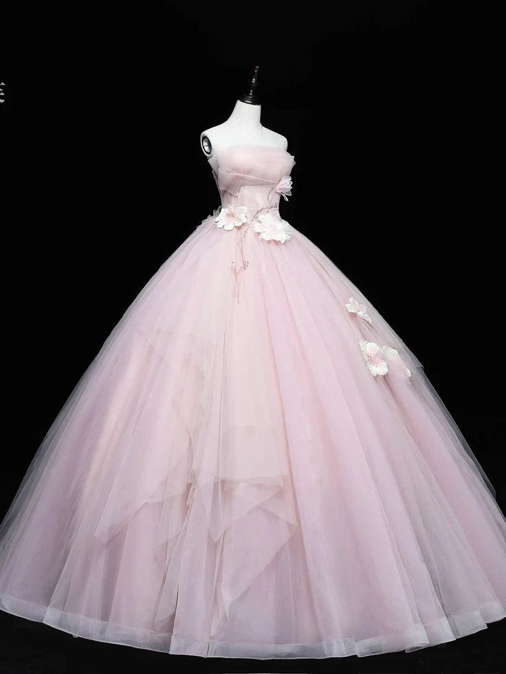 Vestido de quinceañera sencillo, sin tirantes, con apliques rosas, corte A, de tul, largo hasta el suelo, para fiesta de graduación, cumpleaños, noche, baile, TP4405