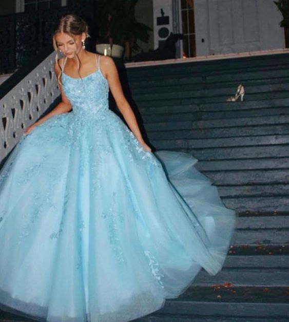 Gorgeous Lace A-Line Spaghetti Straps Backless Long Prom Dresses cg25074