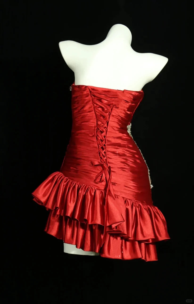 Vintage Red Strapless Sweetheart Design Sheath Satin Party Dress Homecoming Dress TP4090