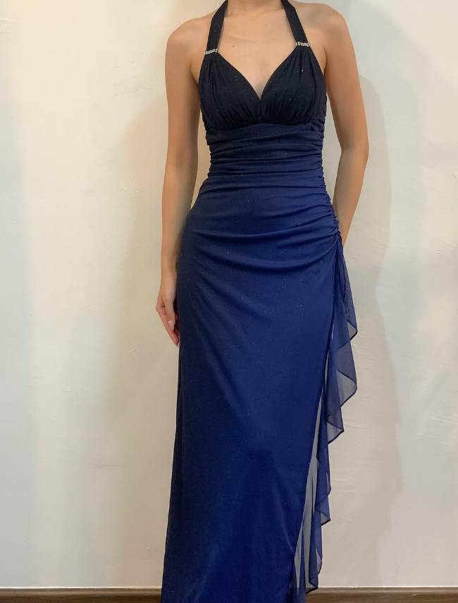 Halter Ombre Navy Blue Long Chiffon Prom Dress SH1157