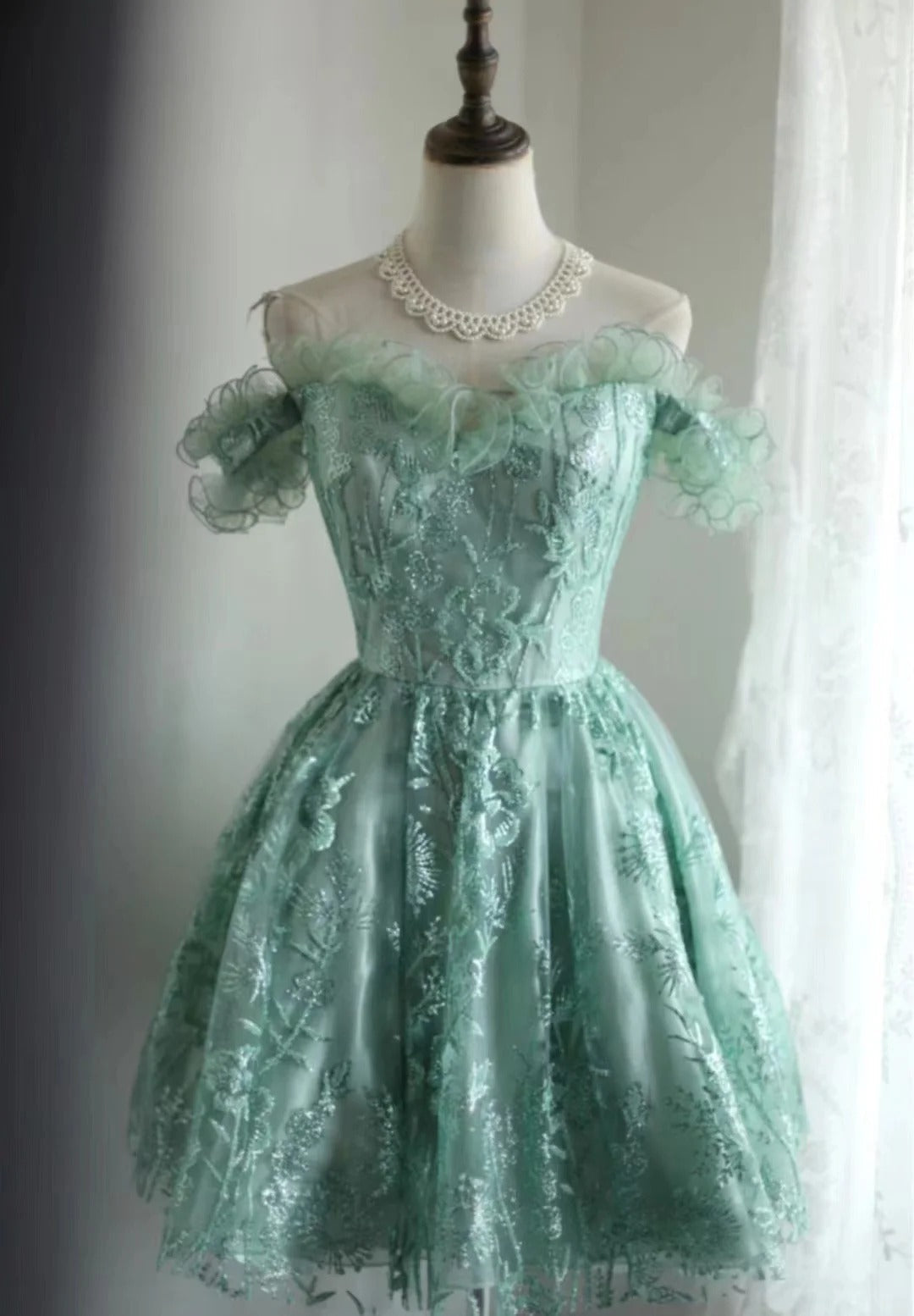 Vintage Green Appliqued Lace-up A-line Off-the-shoulder Party Dresses Homecoming Dresses, TP3803